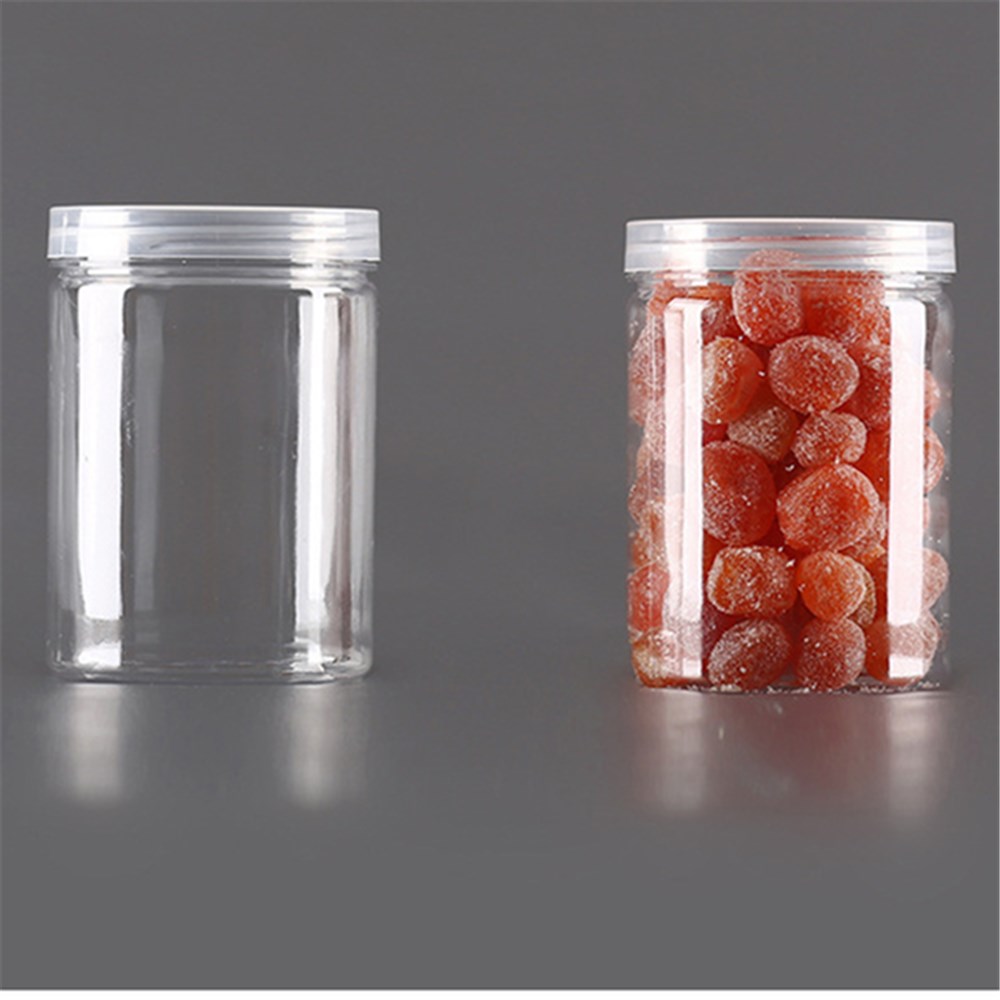 wide mouth bulk clear round animal food packing bottle canned pet cheap plastic biscuit cookie dog treat jar with screw top lids